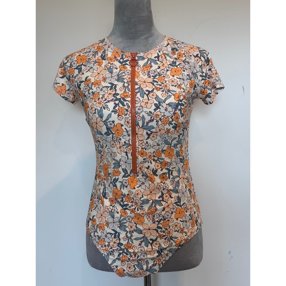 Cupshe Womens Floral Short Sleeve Half Zip Rash Guard Swimsuit ASR0031EA M